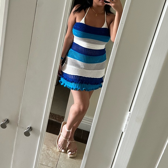 Strapless Blue and White/color blocked crochet midi dress - Picture 3 of 3